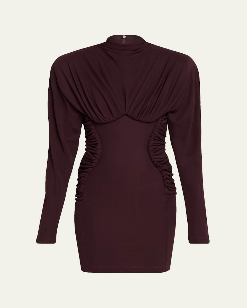 Pleated High-Neck Long-Sleeve Mini Dress